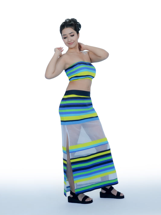 Karishma Kapoor Inspired Striped Co-Ord Set with Sheer Skirt | Bollywood Tube Top Outfit for Women | Inspired by song “Pyar Dilo Ka Mela Hai.” image 2