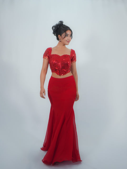 Red Sequins Blouse with Georgette Mermaid Skirt Party Wear Co-ord Set