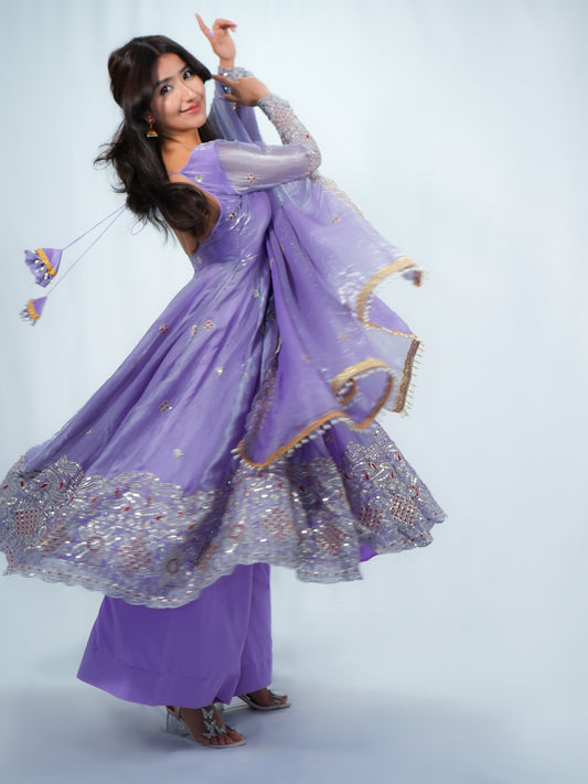 Lavender Fendy Silk Anarkali Set | Filmy Closet