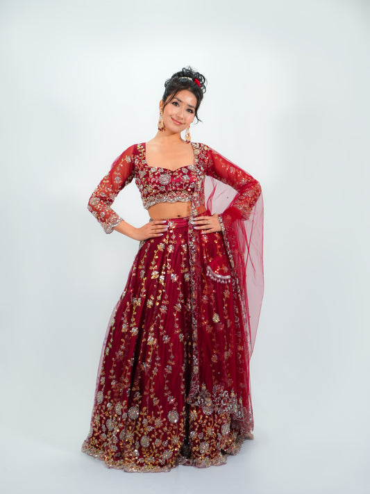 Maroon Net Bridal Lehenga Choli with Sequins & Stone Embroidery Dupatta image 3