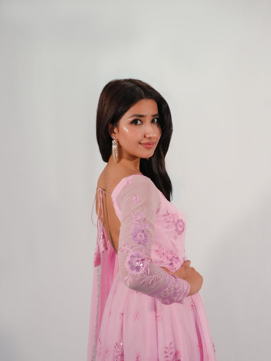 Pink Net Anarkali Suit with Floral Embroidery & Dupatta Party Wear Set image 3