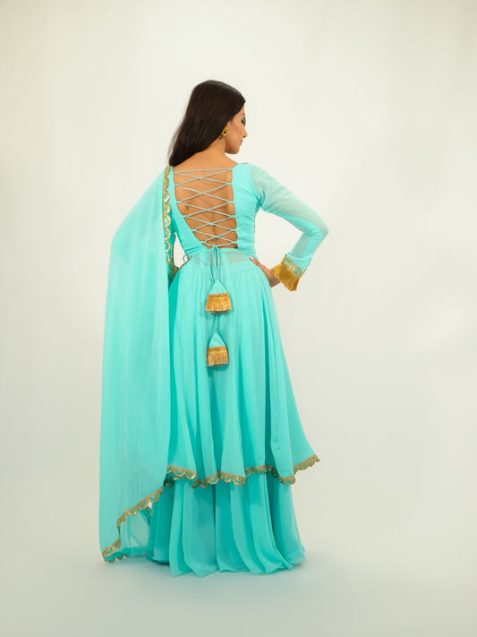 Aqua Blue Chiffon Anarkali Suit with Dupatta & Golden Lace Work Set image 2