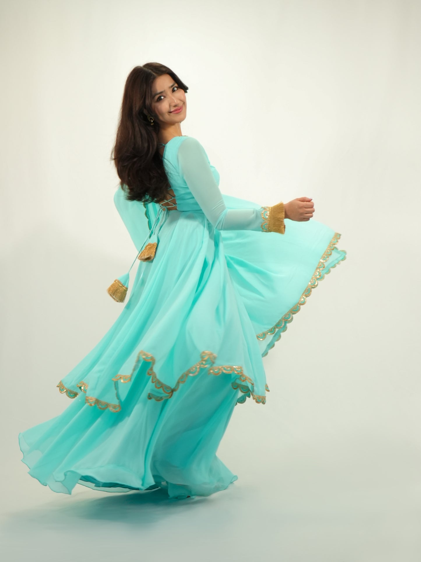 Aqua Blue Chiffon Anarkali Suit with Dupatta & Golden Lace Work Set
