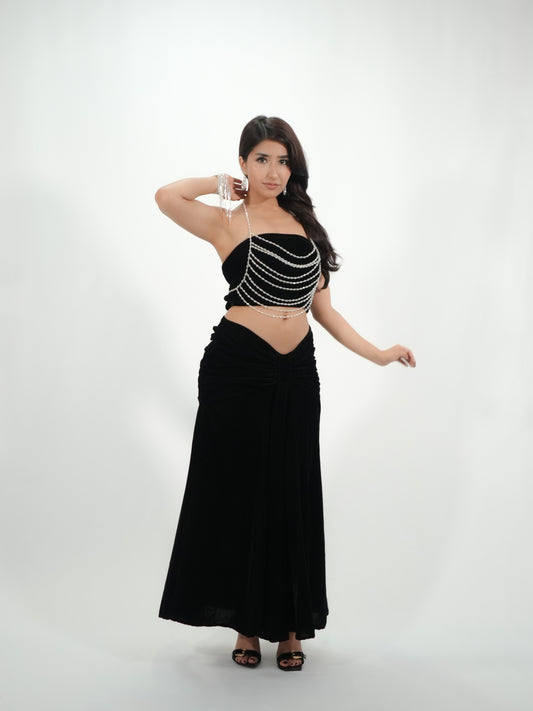 Black Velvet Co-Ord Set with Crystal Chain Body Jewelry | Priyanka Chopra Inspired Bollywood Party Outfit | Tala Tum Inspired Glam Look for Women
