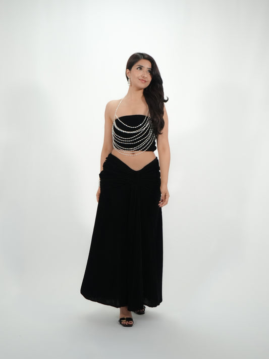 Black Velvet Co-Ord Set with Crystal Chain Body Jewelry | Priyanka Chopra Inspired Bollywood Party Outfit | Tala Tum Inspired Glam Look for Women image 3