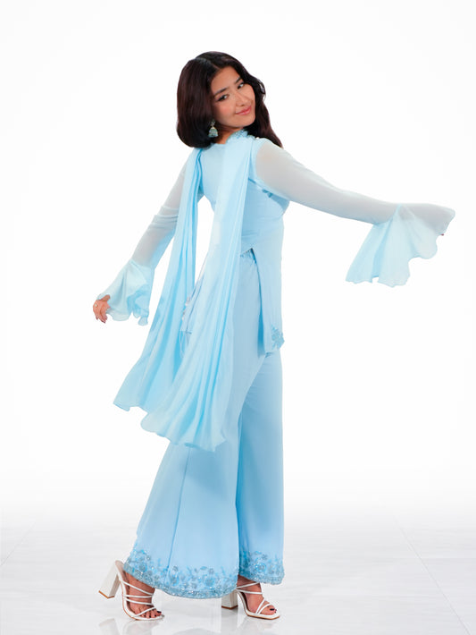 90s Bollywood Inspired Baby Blue Georgette Kurti Pant Set with Handwork Embroidery & Dupatta | Party Wear Ethnic Suit image 2