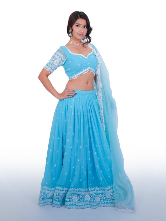 Sky Blue Bollywood Inspired Lehenga Choli Set for Women – Printed Georgette Fabric with Embroidered Border & Dupatta