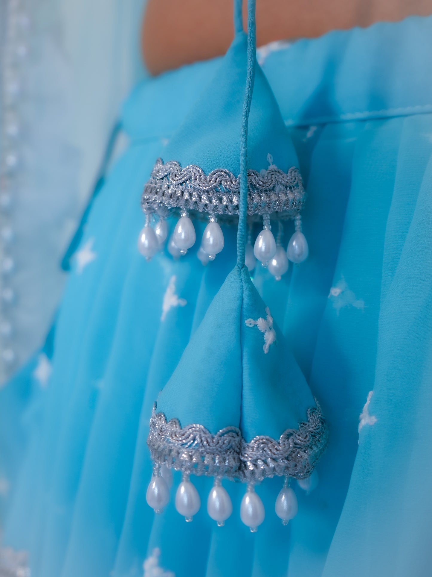 Sky Blue Bollywood Inspired Lehenga Choli Set for Women – Printed Georgette Fabric with Embroidered Border & Dupatta