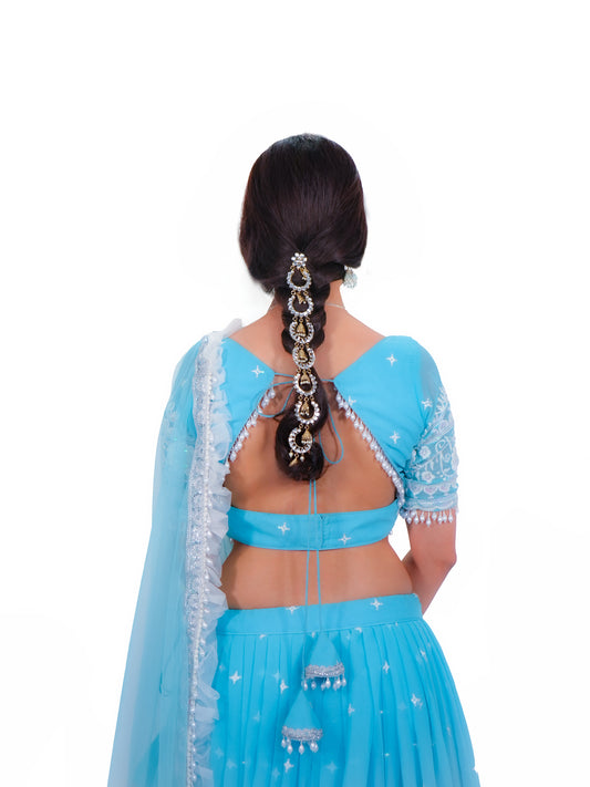 Sky Blue Bollywood Inspired Lehenga Choli Set for Women – Printed Georgette Fabric with Embroidered Border & Dupatta