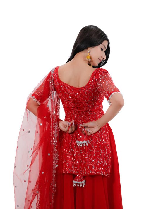 Sunshine Red Net Kurtha Sharara Set with Georgette Suruwal & Dupatta | Festive Wear