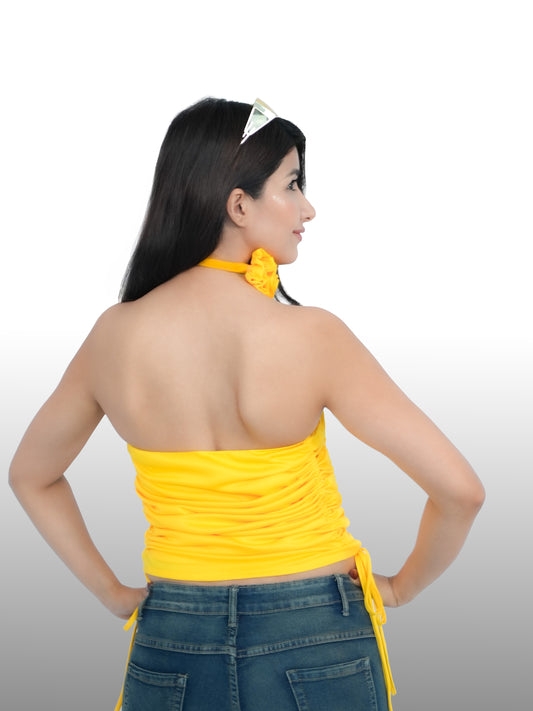 Kareena Kapoor Inspired Yellow Lycra Gathered Tube Top with Rose Flower Neck Accessory | K3G Deewana Hai Look image 3