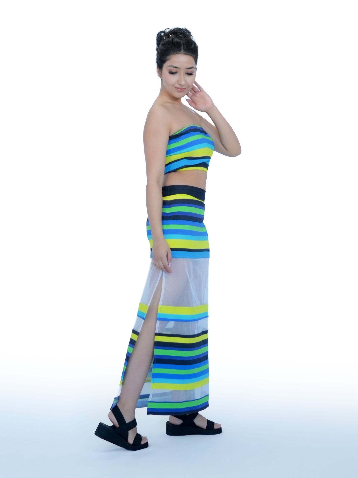 Karishma Kapoor Inspired Striped Co-Ord Set with Sheer Skirt | Bollywood Tube Top Outfit for Women | Inspired by song “Pyar Dilo Ka Mela Hai.”