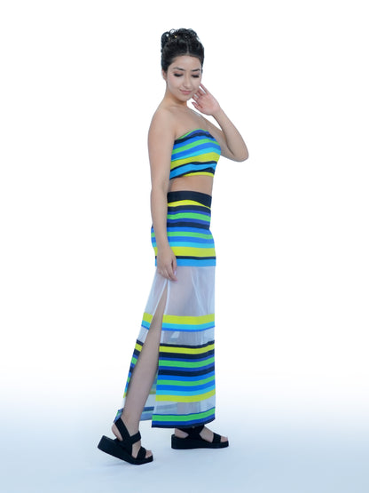 Karishma Kapoor Inspired Striped Co-Ord Set with Sheer Skirt | Bollywood Tube Top Outfit for Women | Inspired by song “Pyar Dilo Ka Mela Hai.”