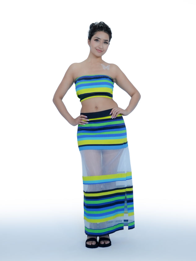Karishma Kapoor Inspired Striped Co-Ord Set with Sheer Skirt | Bollywood Tube Top Outfit for Women | Inspired by song “Pyar Dilo Ka Mela Hai.”