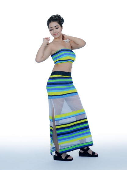 Karishma Kapoor Inspired Striped Co-Ord Set with Sheer Skirt | Bollywood Tube Top Outfit for Women | Inspired by song “Pyar Dilo Ka Mela Hai.”