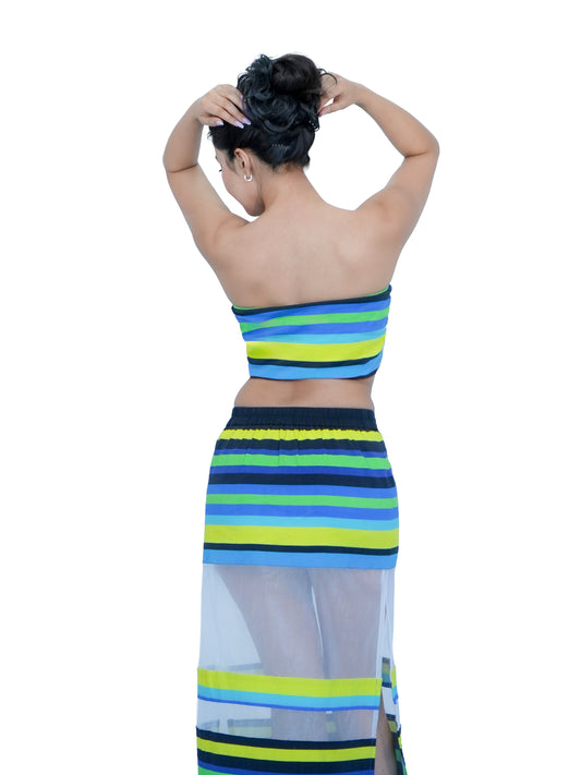 Karishma Kapoor Inspired Striped Co-Ord Set with Sheer Skirt | Bollywood Tube Top Outfit for Women | Inspired by song “Pyar Dilo Ka Mela Hai.” image 3