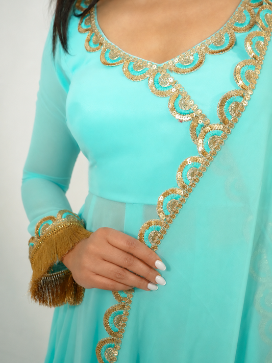 Aqua Blue Chiffon Anarkali Suit with Dupatta & Golden Lace Work Set image 3