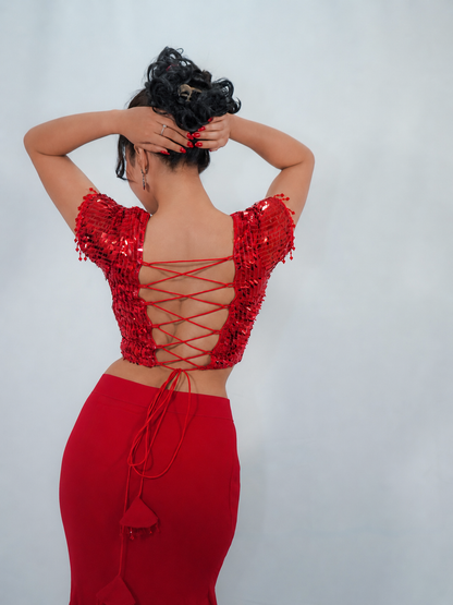 Red Sequins Blouse with Georgette Mermaid Skirt Party Wear Co-ord Set
