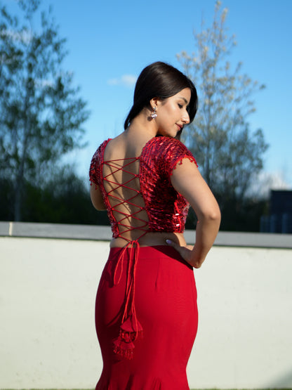 Red Sequins Blouse with Georgette Mermaid Skirt Party Wear Co-ord Set