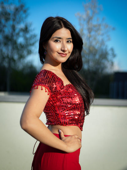 Red Sequins Blouse with Georgette Mermaid Skirt Party Wear Co-ord Set