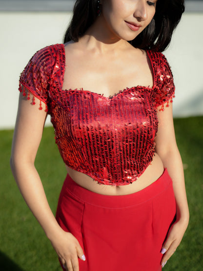 Red Sequins Blouse with Georgette Mermaid Skirt Party Wear Co-ord Set