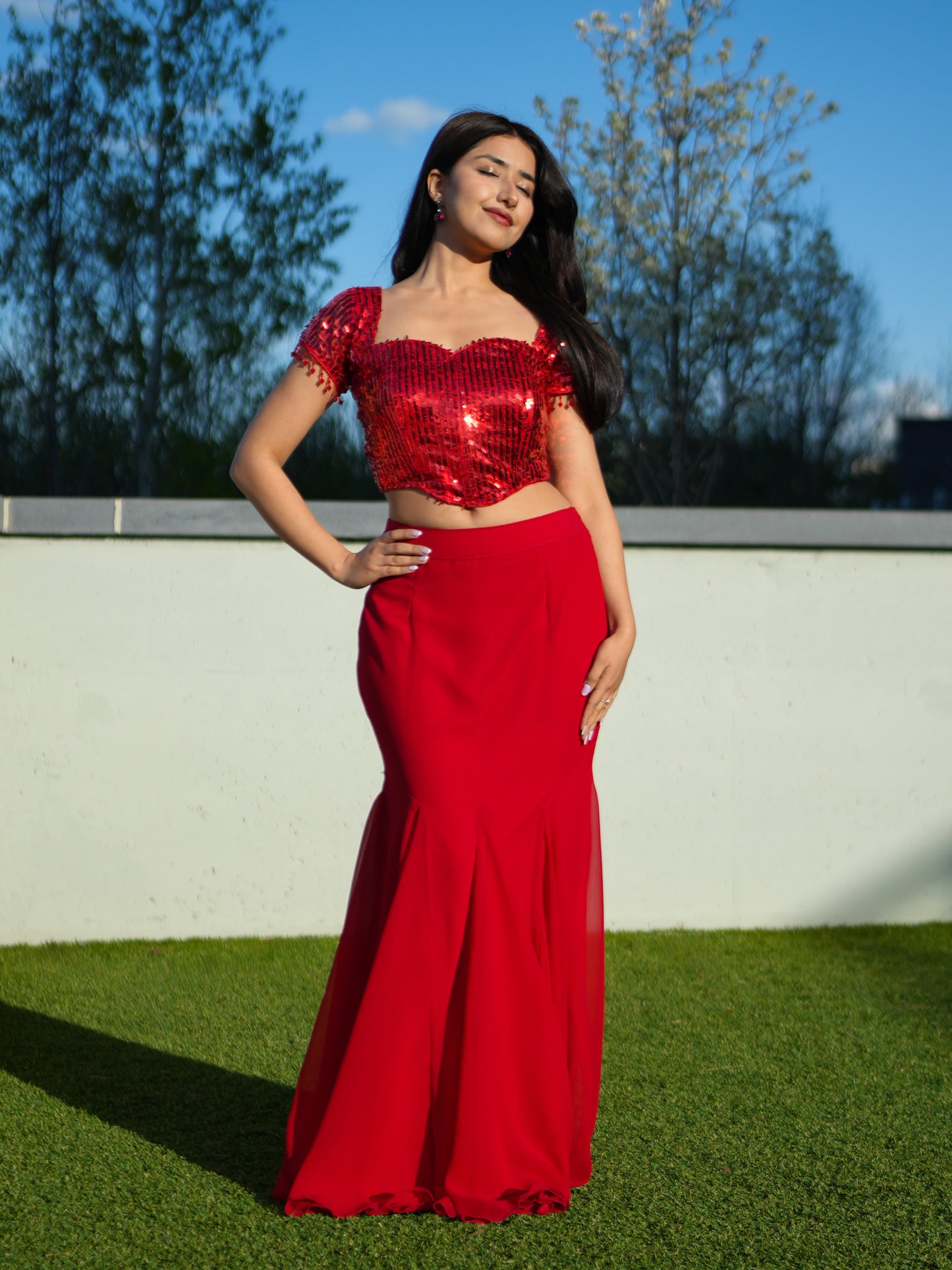 Red Sequins Blouse with Georgette Mermaid Skirt Party Wear Co-ord Set