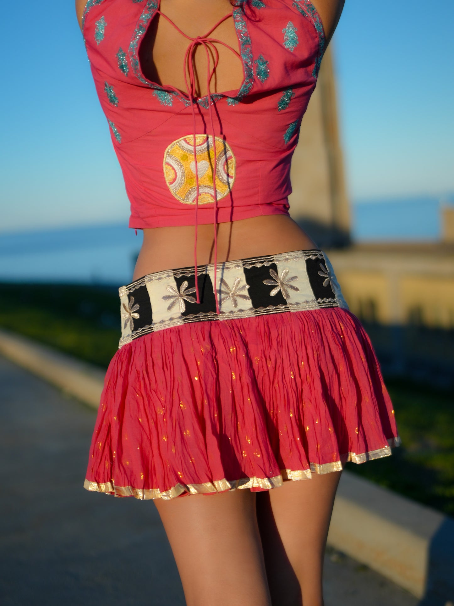 Katrina Kaif Inspired Pink Cotton Buti Mini Skirt Set | Dori Embroidery Bollywood Outfit | Singh Is Kinng “Jee Karda” Look