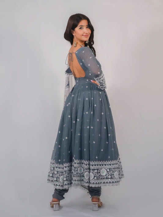 Grey Georgette Thread Work Anarkali Suit with Dupatta & Churidar Set image 2