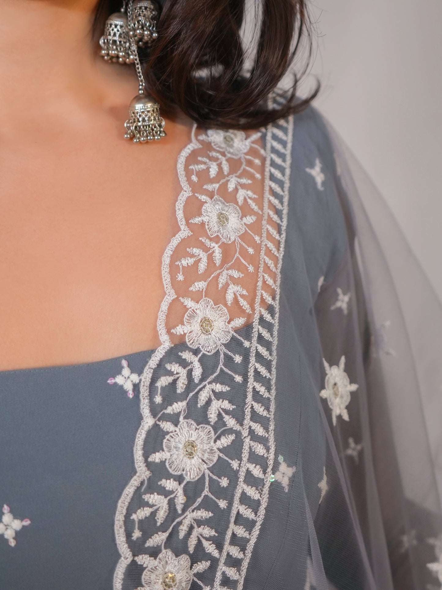 Grey Georgette Thread Work Anarkali Suit with Dupatta & Churidar Set