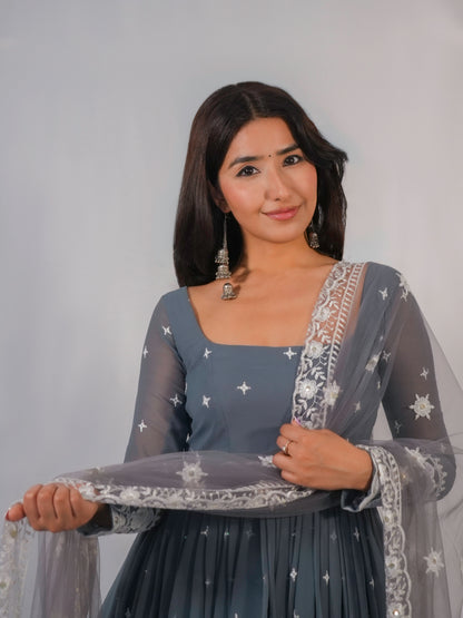Grey Georgette Thread Work Anarkali Suit with Dupatta & Churidar Set