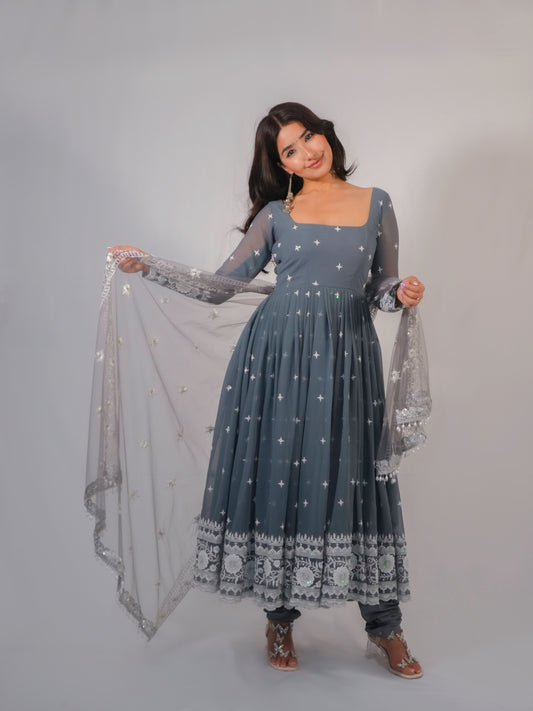 Grey Georgette Thread Work Anarkali Suit with Dupatta & Churidar Set