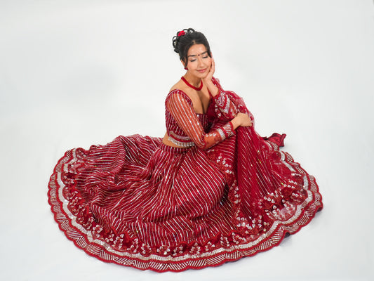Red Sequins Net Lehenga Choli with Dupatta Bridal & Party Wear Set image 2