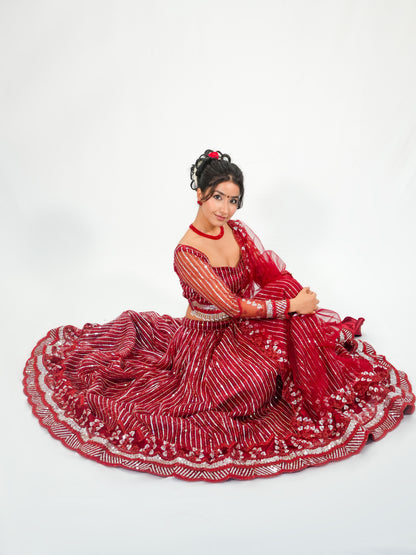 Red Sequins Net Lehenga Choli with Dupatta Bridal & Party Wear Set