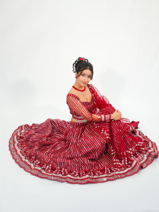 Red Sequins Net Lehenga Choli with Dupatta Bridal & Party Wear Set image 3
