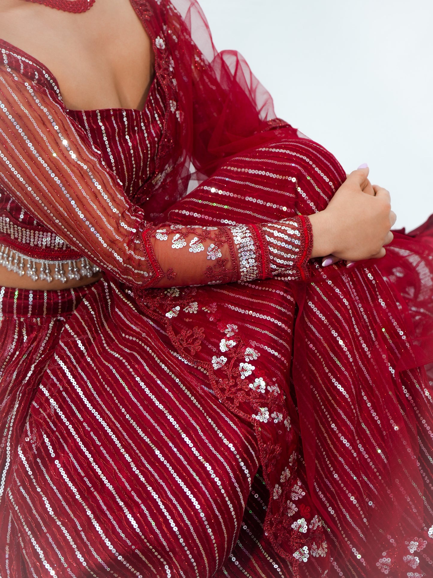Red Sequins Net Lehenga Choli with Dupatta Bridal & Party Wear Set