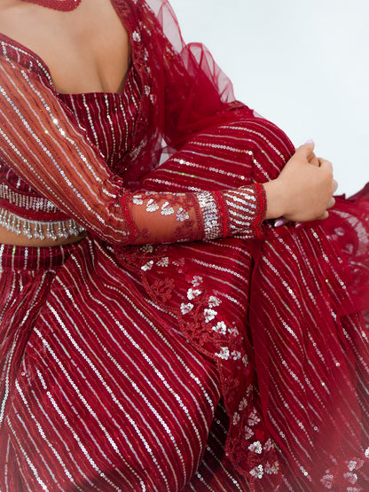 Red Sequins Net Lehenga Choli with Dupatta Bridal & Party Wear Set
