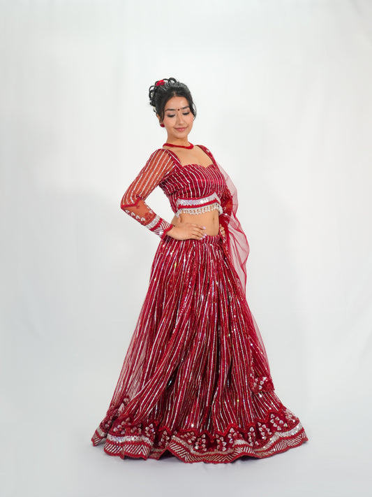 Red Sequins Net Lehenga Choli with Dupatta Bridal & Party Wear Set