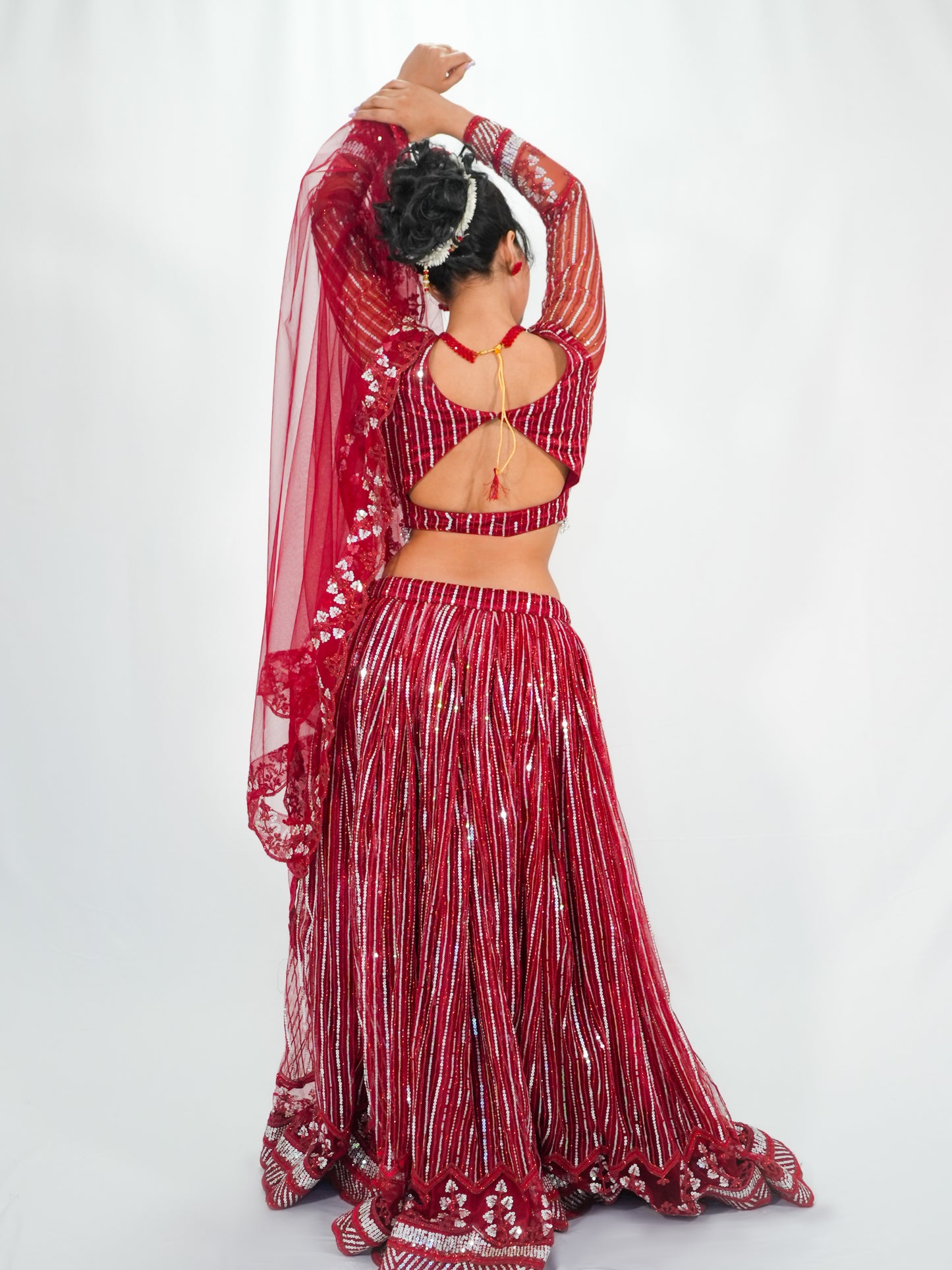 Red Sequins Net Lehenga Choli with Dupatta Bridal & Party Wear Set