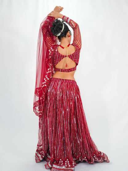 Red Sequins Net Lehenga Choli with Dupatta Bridal & Party Wear Set