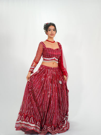 Red Sequins Net Lehenga Choli with Dupatta Bridal & Party Wear Set