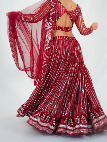 Red Sequins Net Lehenga Choli with Dupatta Bridal & Party Wear Set