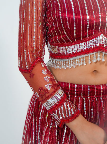 Red Sequins Net Lehenga Choli with Dupatta Bridal & Party Wear Set