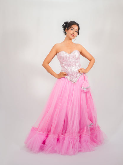 Pink Corset Blouse with Net Skirt Party Wear Designer Co-ord Set