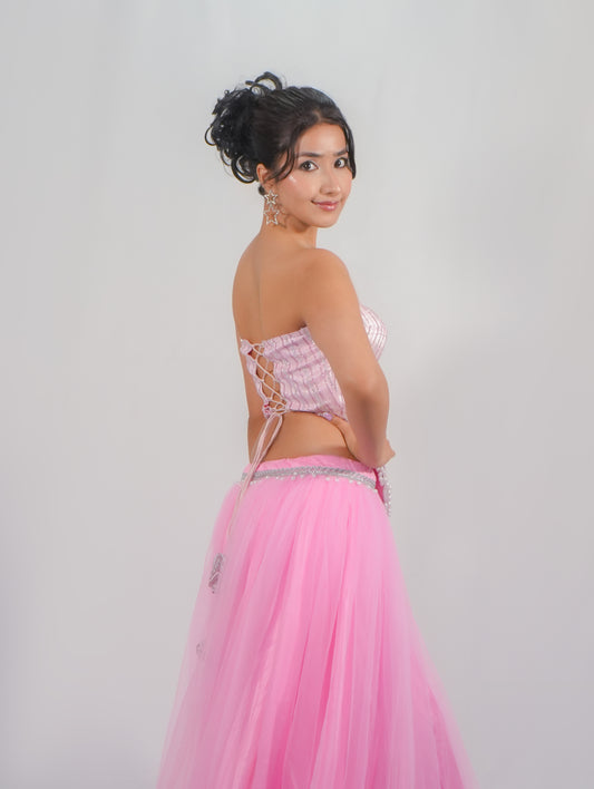 Pink Corset Blouse with Net Skirt Party Wear Designer Co-ord Set image 3