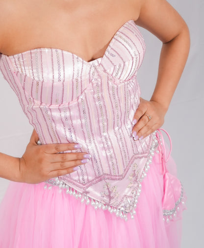 Pink Corset Blouse with Net Skirt Party Wear Designer Co-ord Set