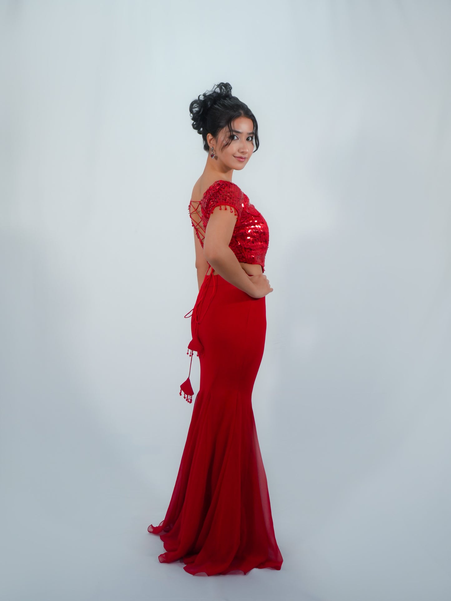 Red Sequins Blouse with Georgette Mermaid Skirt Party Wear Co-ord Set