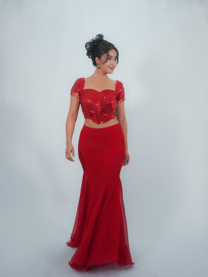 Red Sequins Blouse with Georgette Mermaid Skirt Party Wear Co-ord Set
