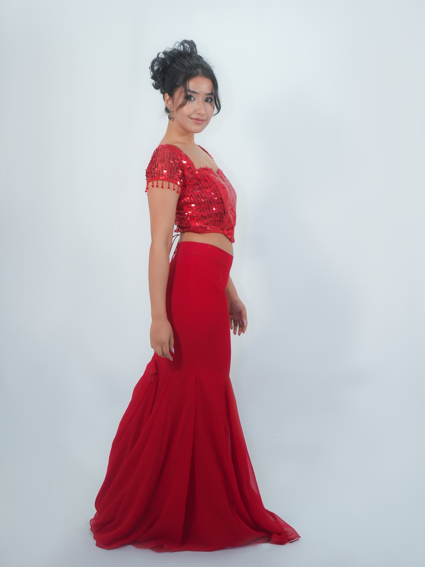 Red Sequins Blouse with Georgette Mermaid Skirt Party Wear Co-ord Set