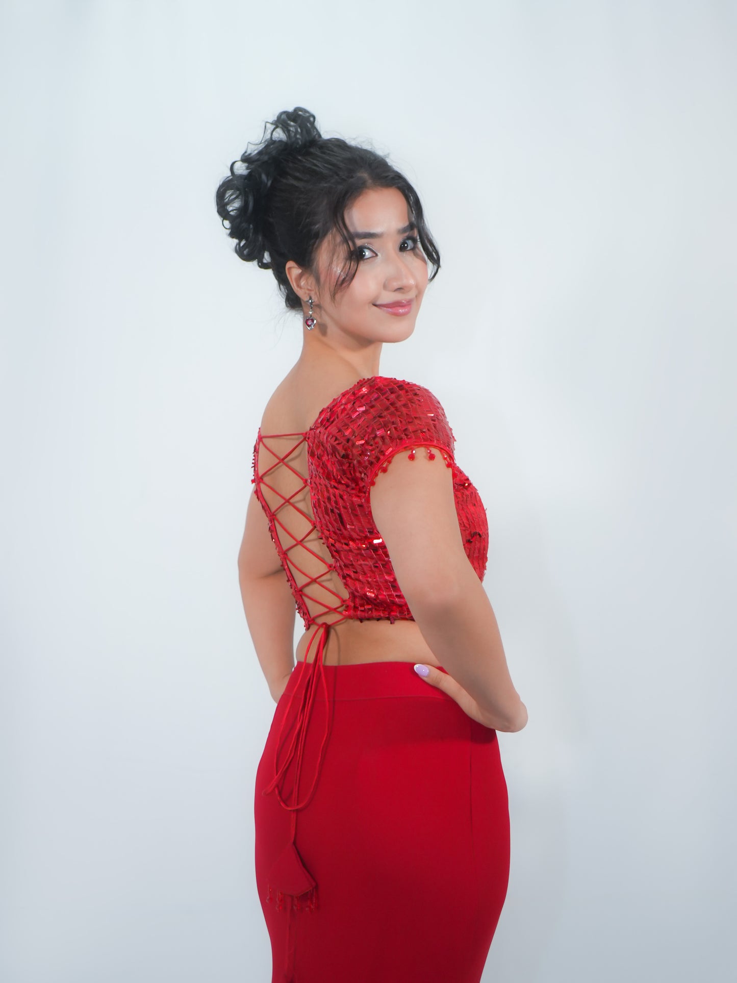 Red Sequins Blouse with Georgette Mermaid Skirt Party Wear Co-ord Set