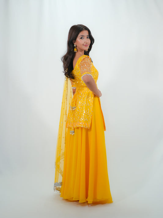 Sunshine Yellow Net Kurtha Sharara Set with Georgette Suruwal & Dupatta | Festive Wear
